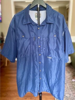 Drake Waterfowl Blue Short Sleeve Button Fishing Shirt, Size XL